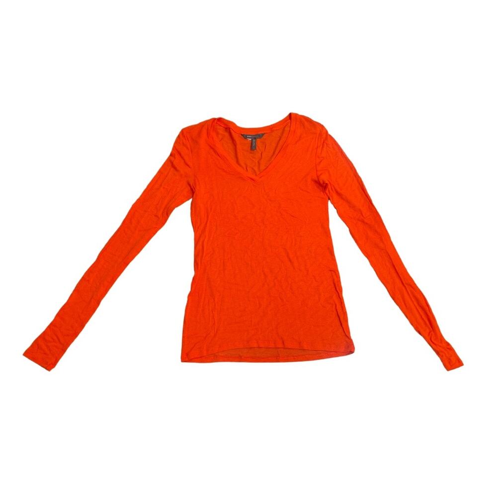 BCBGMAXAZRIA Orange V-neck Fitted Long Sleeve Shirt Large Y2K Casual Lightweight
